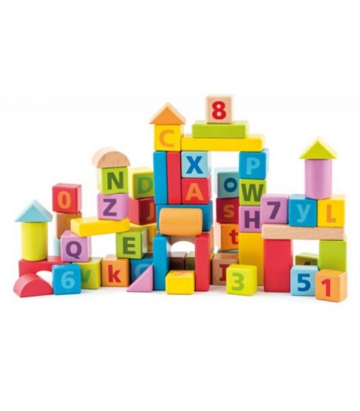 Pastelinių spalvų medinės kaladėlės su skaičiais ir raidėmis 60 vnt 2+
